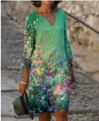 Damen Langarm Shift Kleid Abstrakt Modern