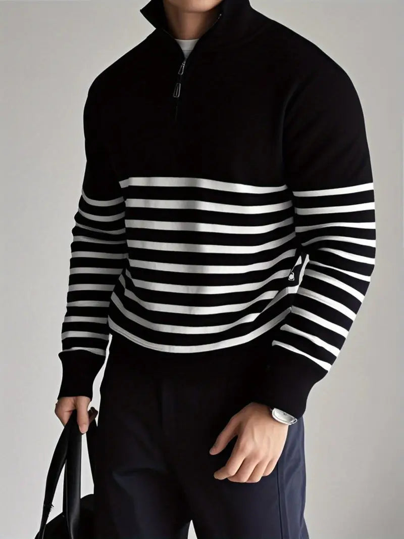 Herren Pullover Gestreift Half-Zip Strick - BerlinGlamour
