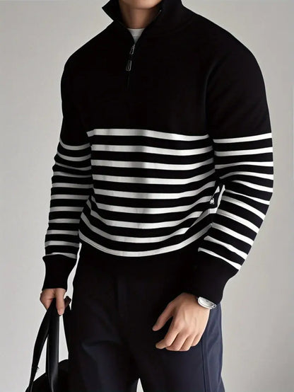 Herren Pullover Gestreift Half-Zip Strick - BerlinGlamour