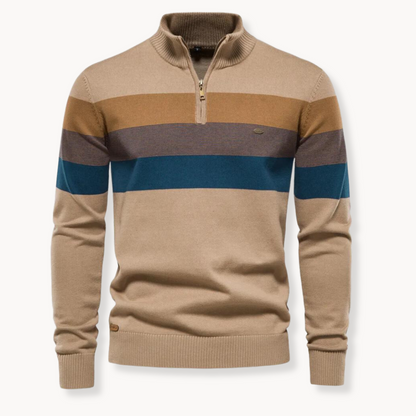 Quarter Zip Pullover - Gestreifter Strickpullover mit Viertel-Reißverschluss für Männer-Khaki-M-Chaps Herrenmode