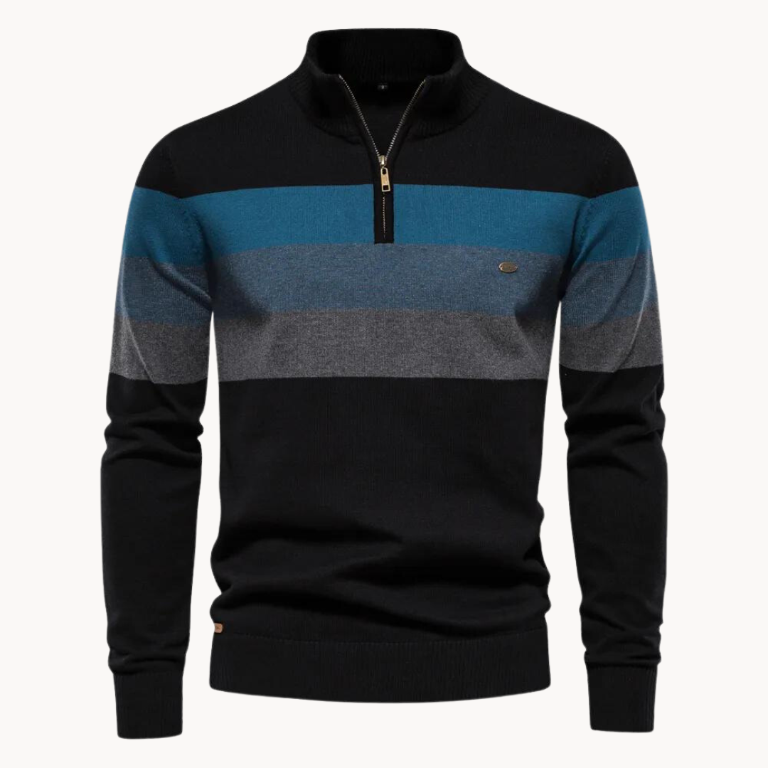 Quarter Zip Pullover - Gestreifter Strickpullover mit Viertel-Reißverschluss für Männer-Schwarz-M-Chaps Herrenmode