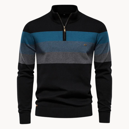 Quarter Zip Pullover - Gestreifter Strickpullover mit Viertel-Reißverschluss für Männer-Schwarz-M-Chaps Herrenmode