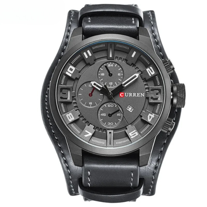 Herren Armbanduhr Chronograph Leder Schwarz Elegent