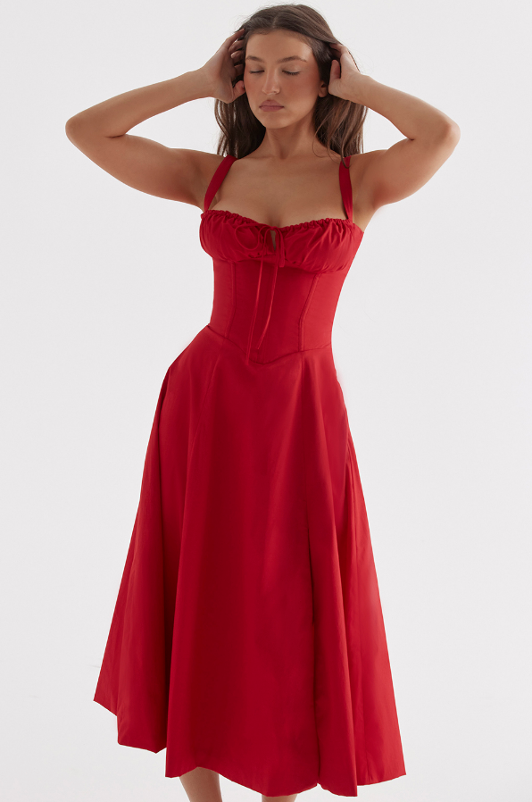 Rotes Abendkleid A-Linie Beinschlitz Corsage