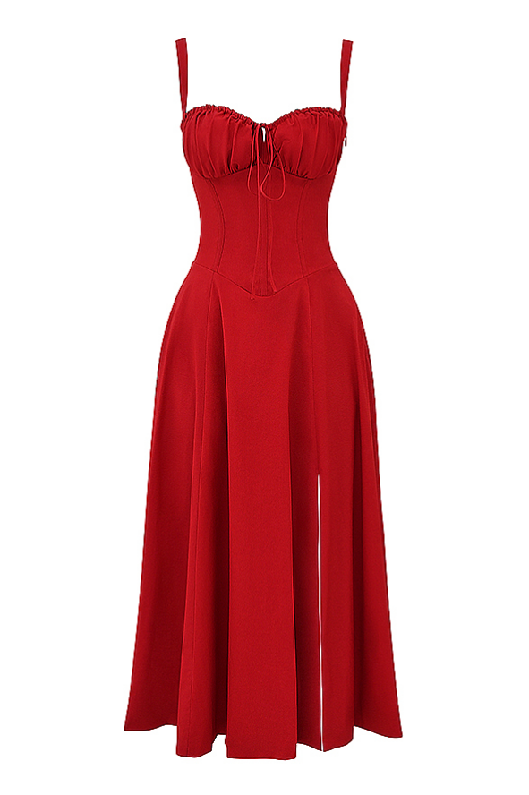 Rotes Abendkleid A-Linie Beinschlitz Corsage