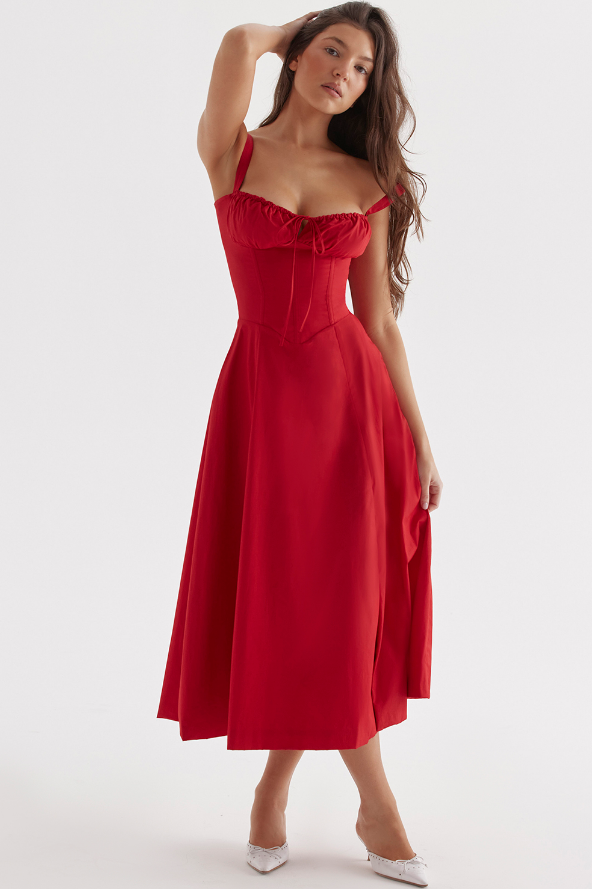 Rotes Abendkleid A-Linie Beinschlitz Corsage - BerlinGlamour