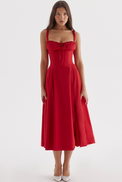 Rotes Abendkleid A-Linie Beinschlitz Corsage