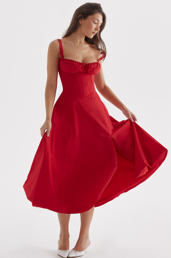 Rotes Abendkleid A-Linie Beinschlitz Corsage