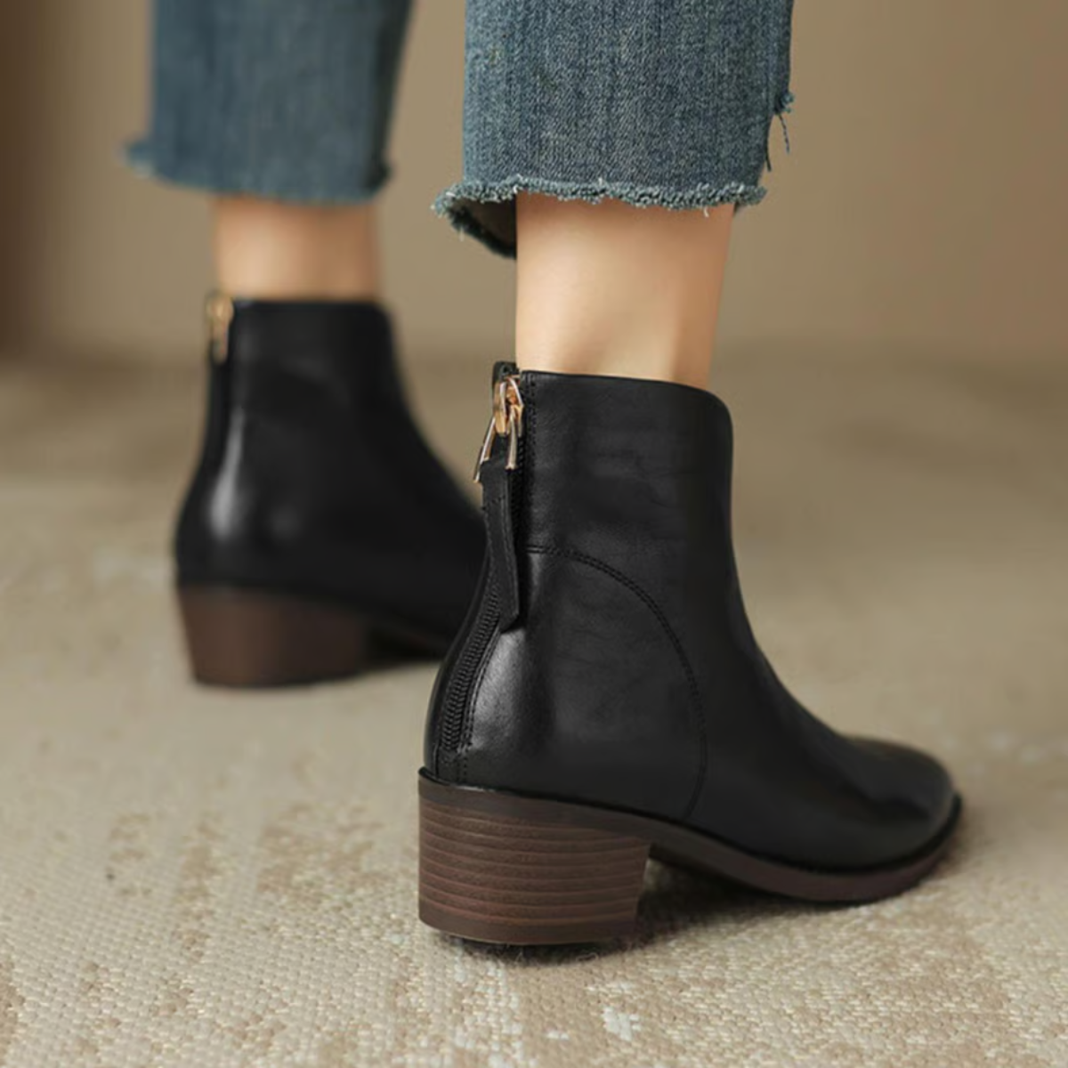Damen Stiefelette Leder Elegant Blockabsatz Schuhe