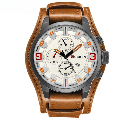 Herren Armbanduhr Chronograph Leder Schwarz Elegent