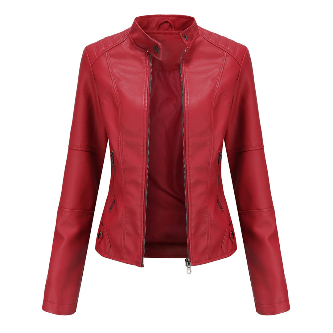 Leder Bikerjacke Damen Reißverschluss Vorne Schwarz