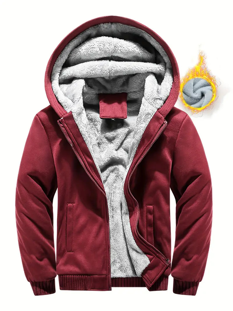 Liazen Fleece Hooded Zipper Jacket, Solid Color Thick Casual Hoodie