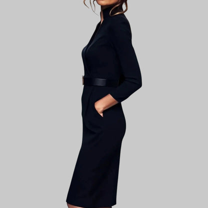 Damen Midi-Kleid Langärmlig mit Taillengürtel Elegант