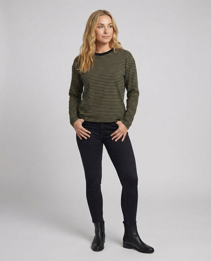Baumwollshirt Damen Langarm Rundhals Streifen Casual