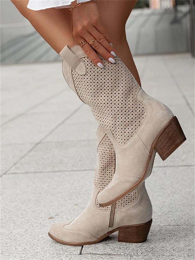 Damen Cowboy Stiefel Weiß Flach Perforiert Modern