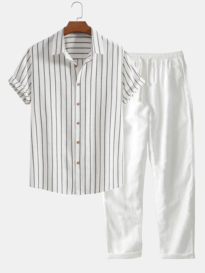 Herren SommerSet Leinenhose Streifenhemd Elegante
