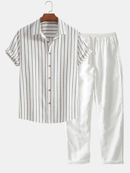 Herren SommerSet Leinenhose Streifenhemd Elegante