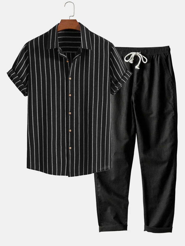 Herren SommerSet Leinenhose Streifenhemd Elegante