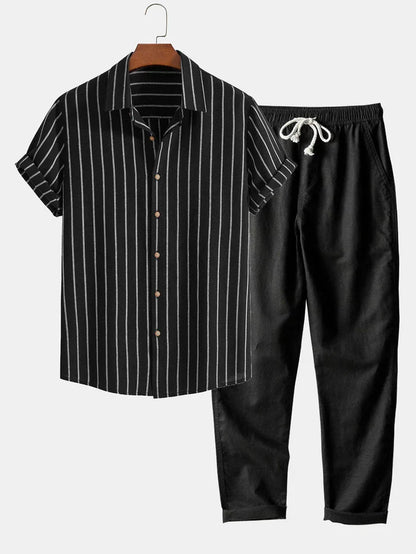 Herren SommerSet Leinenhose Streifenhemd Elegante
