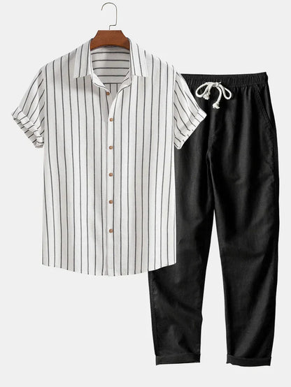 Herren SommerSet Leinenhose Streifenhemd Elegante