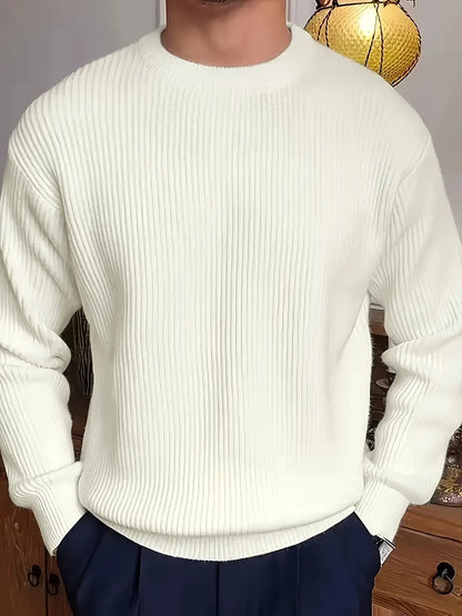 Rippstrickpullover – Locker sitzender Rundhalspullover für Männer-Weiß-S-Chaps Herrenmode