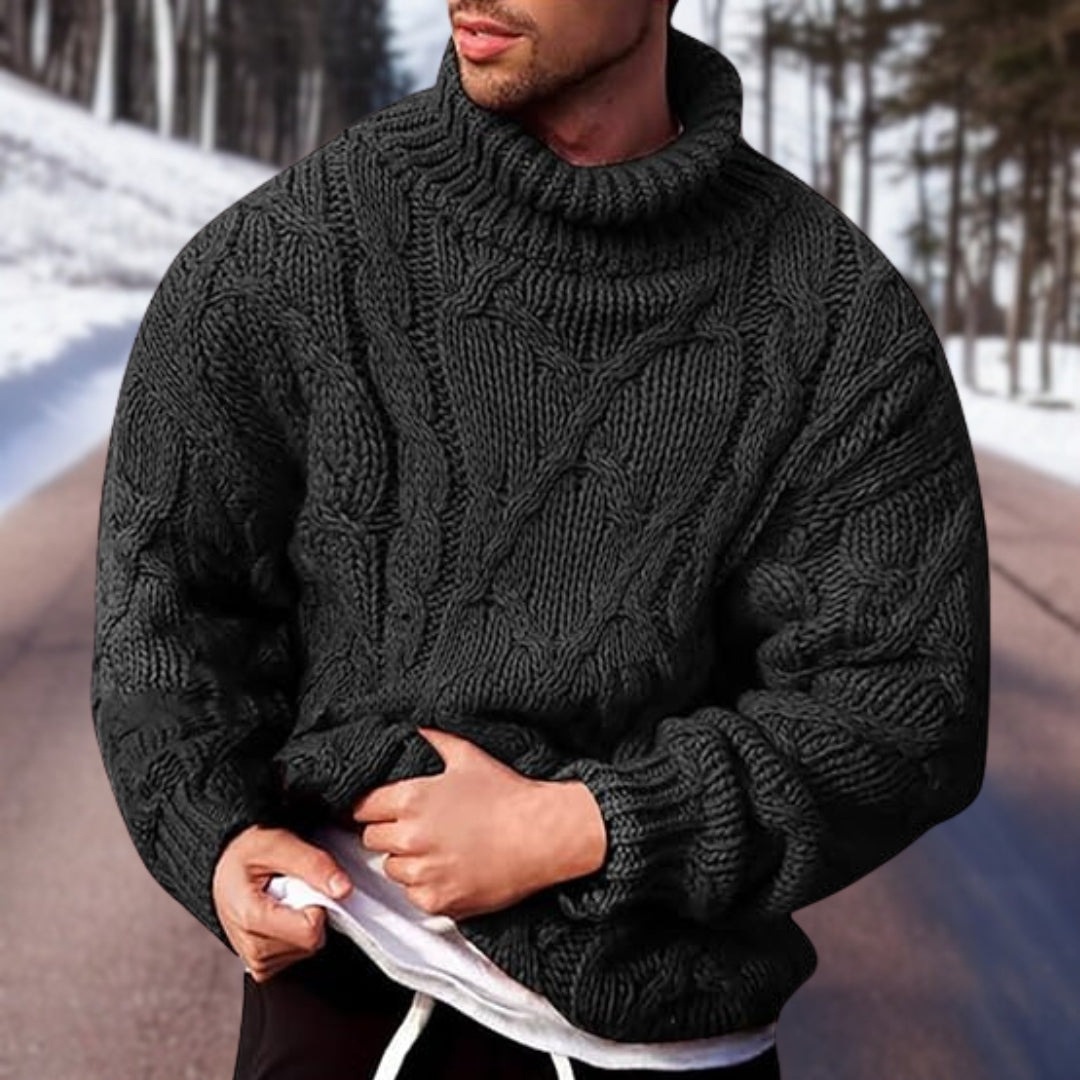 Rollkragenpullover – Grobstrick – Zopfmuster – Pullover – Herrenpullovers-Schwarz-S-Chaps Herrenmode