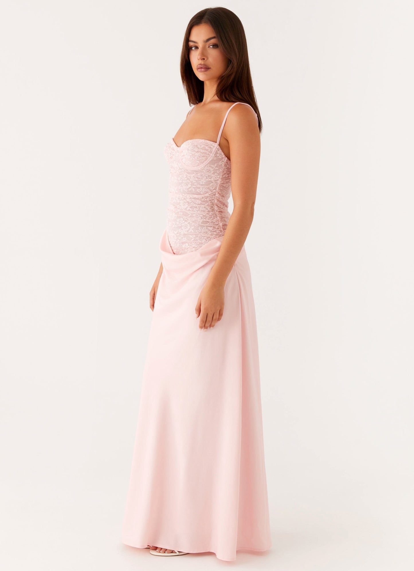 Langes Spitzenkleid mit Satinrock Damen Maxi Kleid