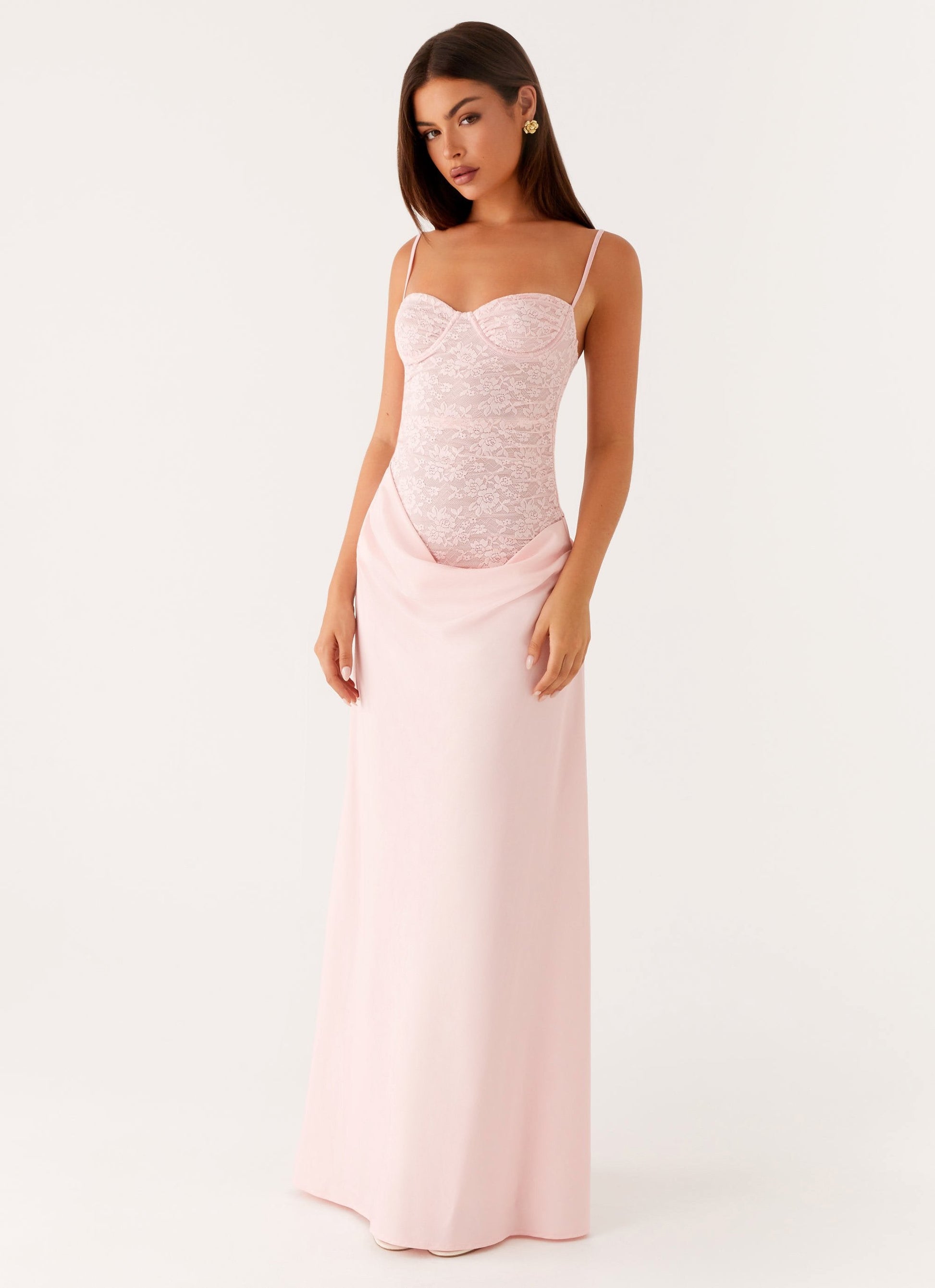 Langes Spitzenkleid mit Satinrock Damen Maxi Kleid - BerlinGlamour