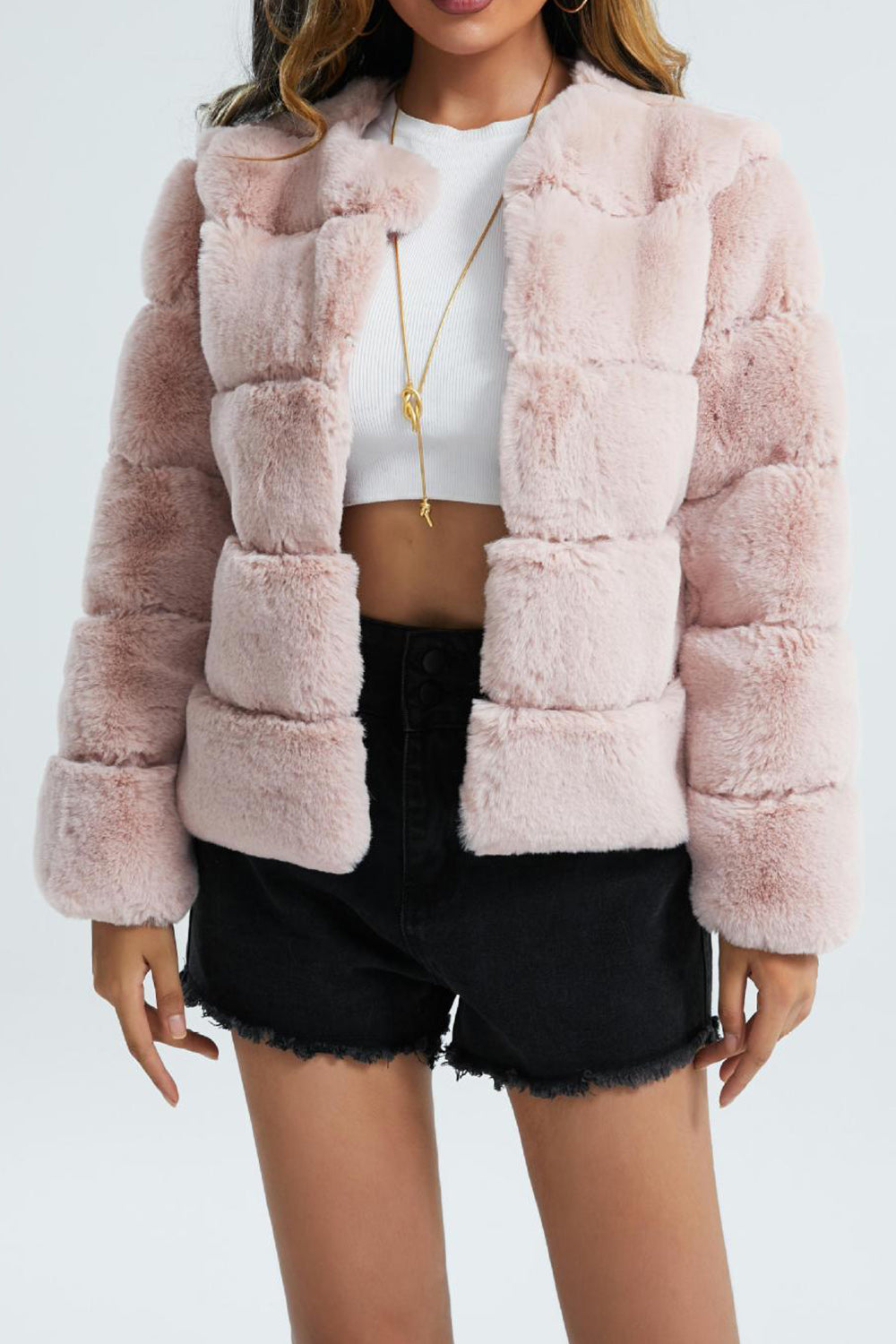 Damen Kunstpelzjacke Kurz Weich mit Revers Modern