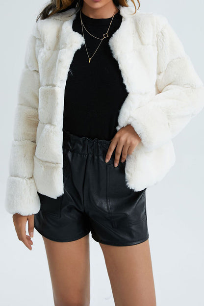 Damen Kunstpelzjacke Kurz Weich mit Revers Modern