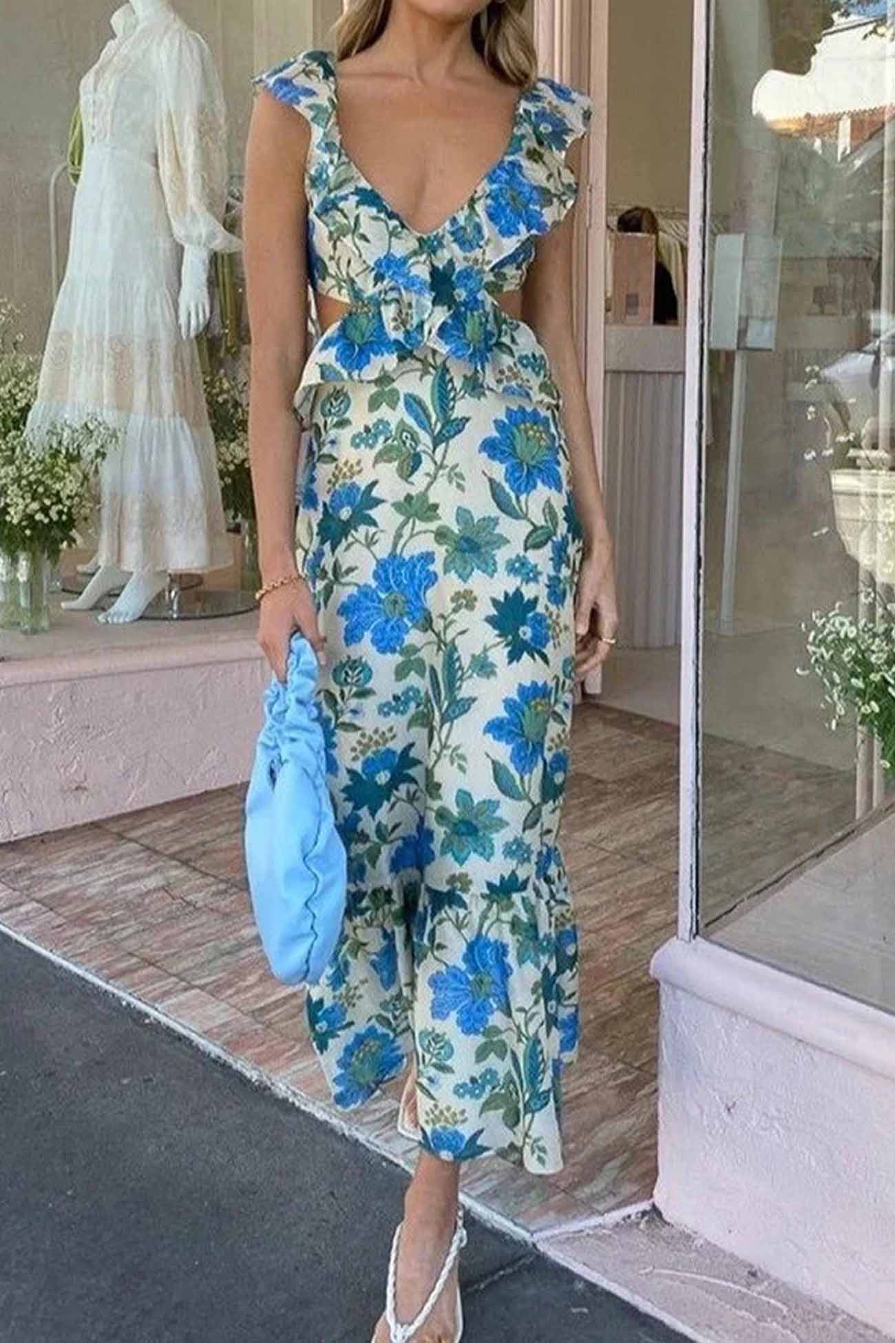Elegantes Damen Maxi-Kleid mit Rüschen Blumenmuster