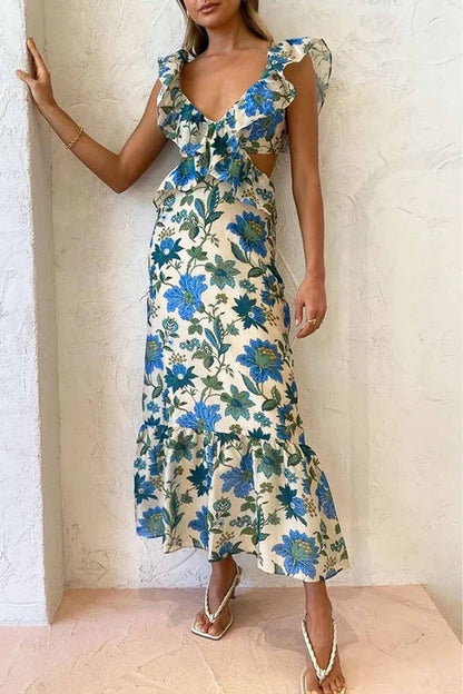 Elegantes Damen Maxi-Kleid mit Rüschen Blumenmuster
