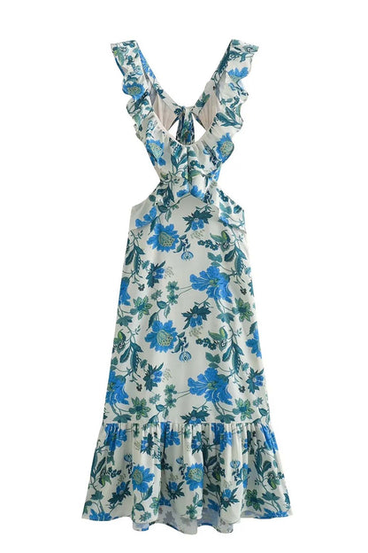 Elegantes Damen Maxi-Kleid mit Rüschen Blumenmuster