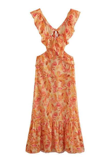 Elegantes Damen Maxi-Kleid mit Rüschen Blumenmuster