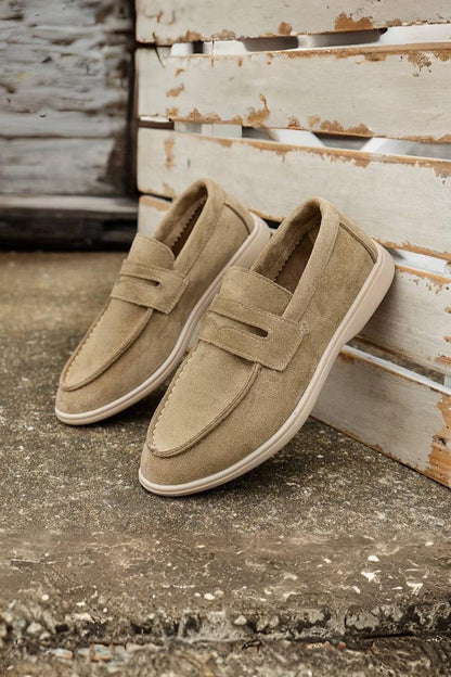Dunkelblaue Beige Loafer Schuhe Veloursleder