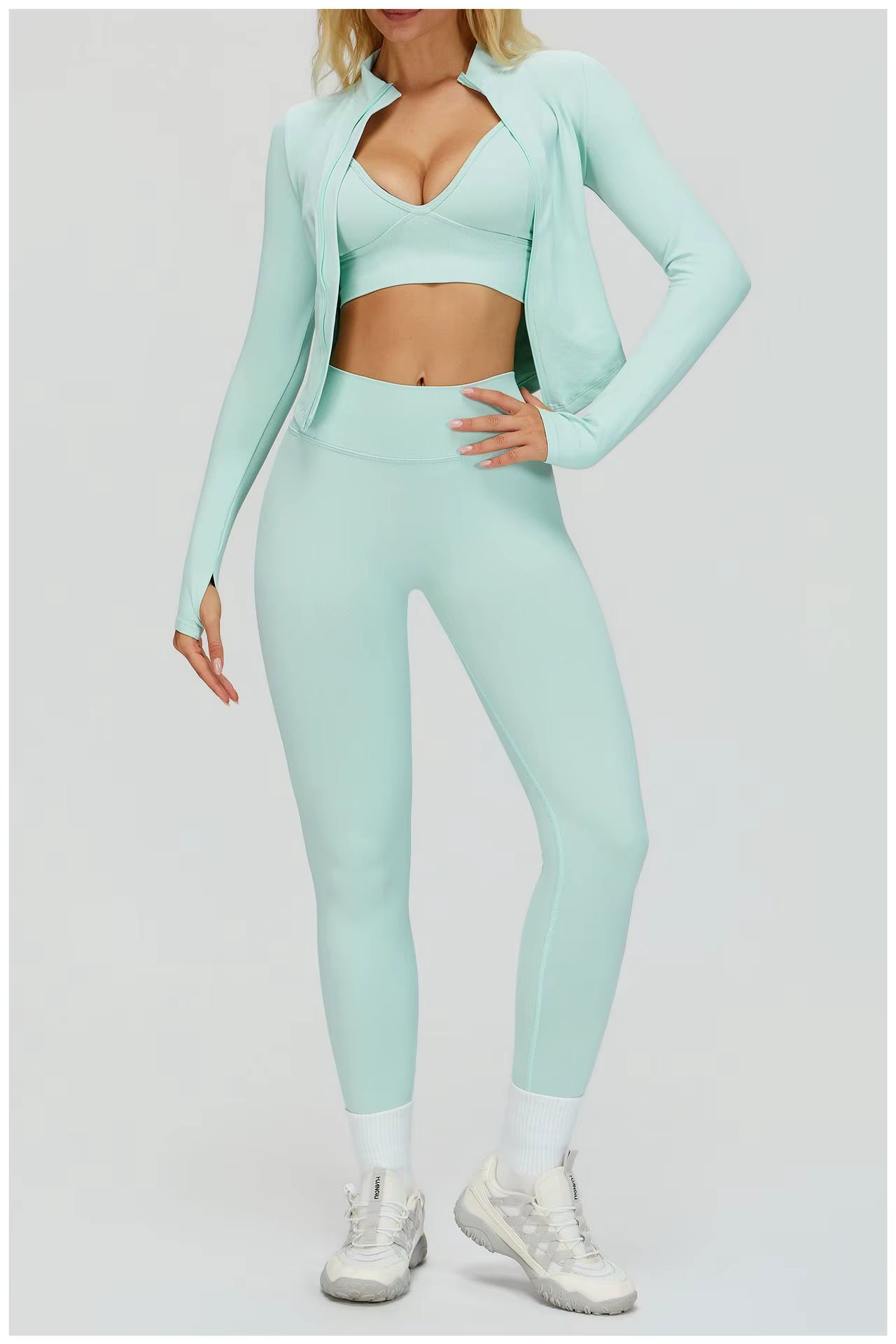 Sport Outfit Set Damen 3-teilig Leggings BH Jacke