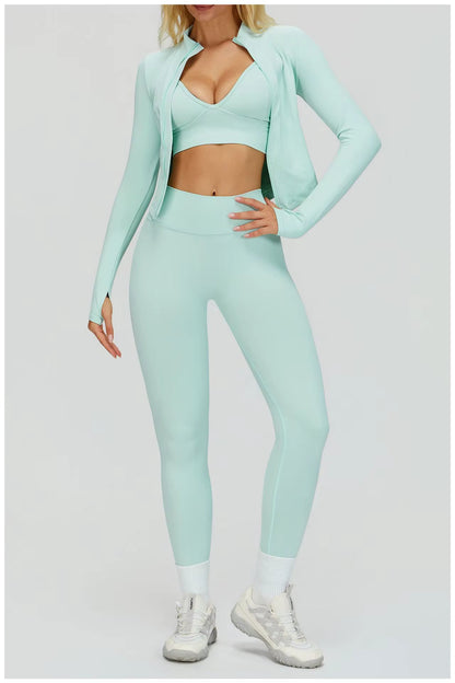 Sport Outfit Set Damen 3-teilig Leggings BH Jacke