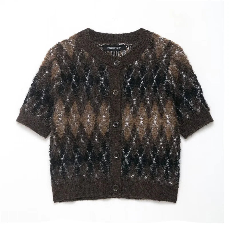 Strickjacke Damen Kurz Argyle Muster Knopf