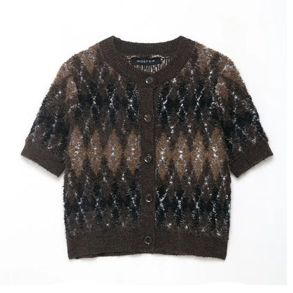 Strickjacke Damen Kurz Argyle Muster Knopf