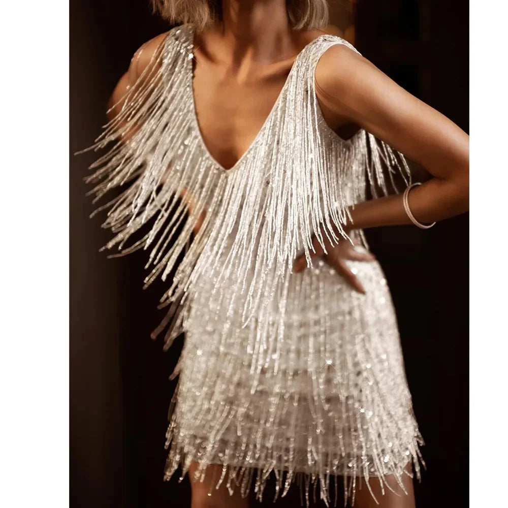 Glitzerndes Damen Minikleid Partykleid mit Fransen