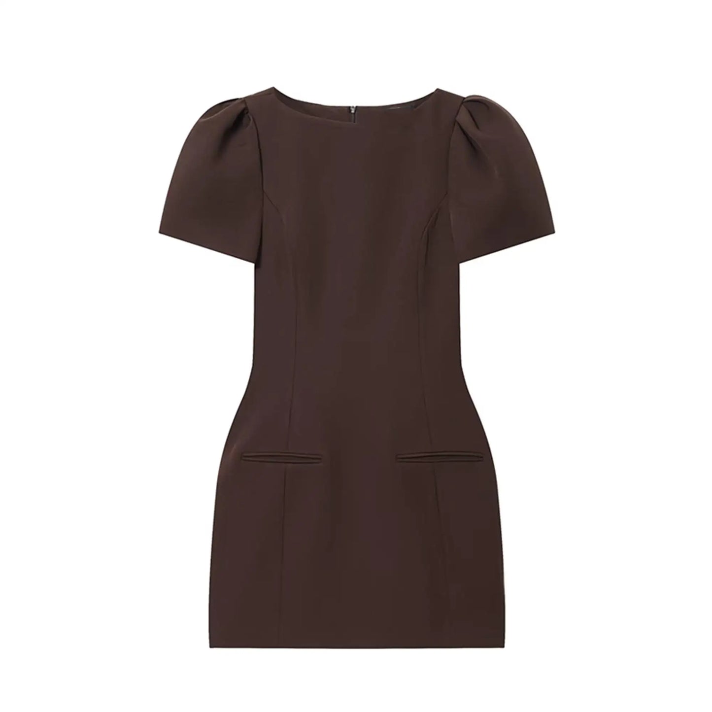 Braunes Mini Kleid mit Puffärmeln und klarer Linienführung – Produktfoto