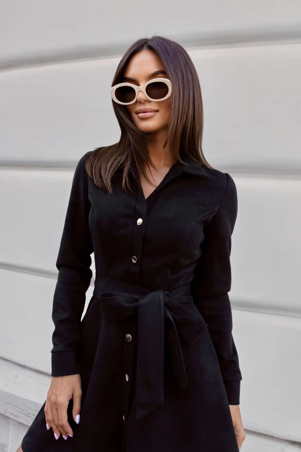 Kleid Minikleid Wildlederoptik mit Gürtel und Knöpfen