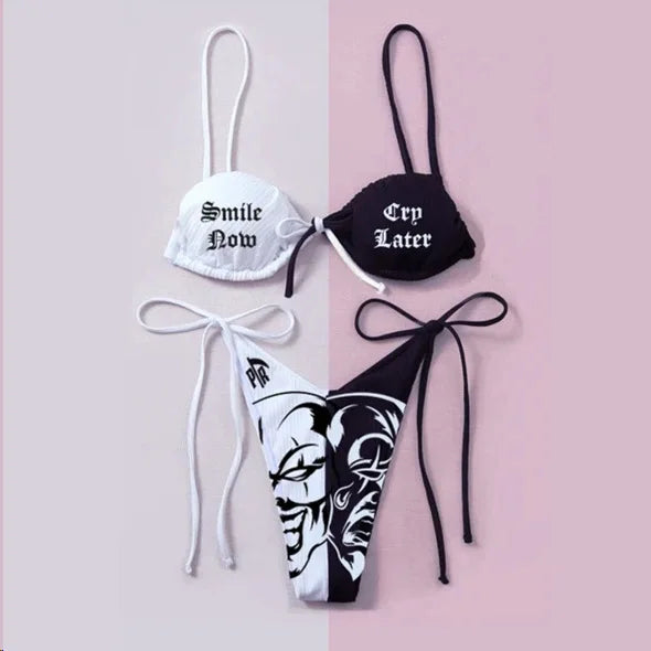 Gothic Badeanzug Frauen Totenkopf Druck Bikini Set Schwarz