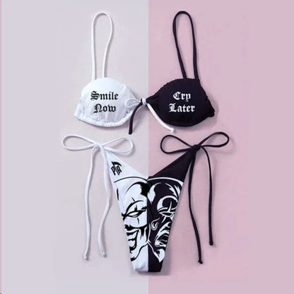 Gothic Badeanzug Frauen Totenkopf Druck Bikini Set Schwarz