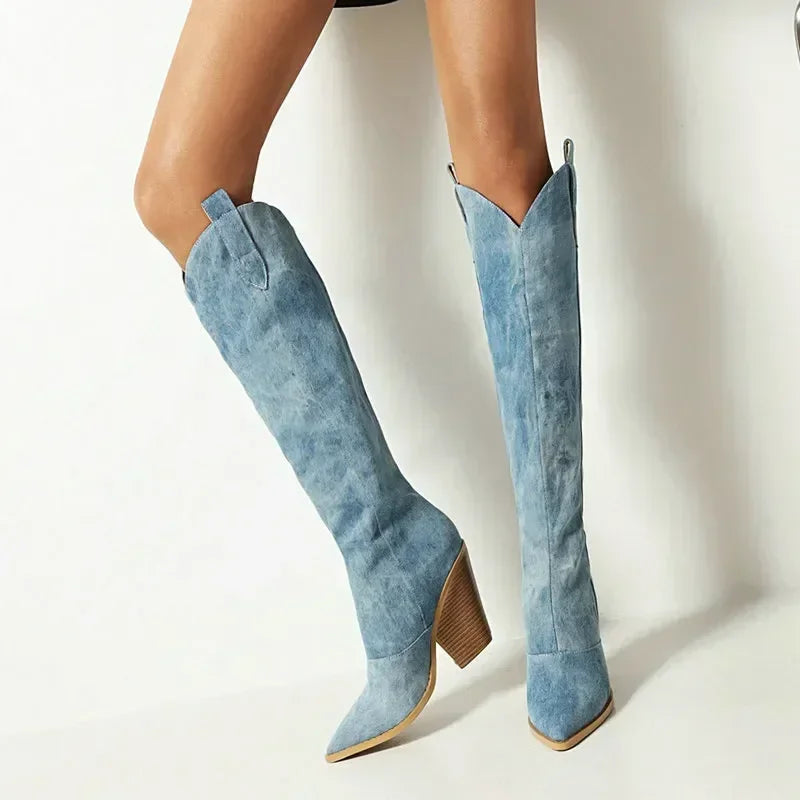 Hohe Denim Stiefel Knielang Damen Schuhe
