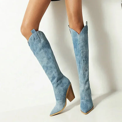 Hohe Denim Stiefel Knielang Damen Schuhe