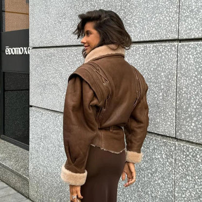 Kunstlederjacke Warm Teddyfutter Schnürung Frauen