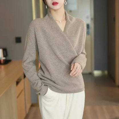 Damen Wickelpullover V-Ausschnitt Weich Warm Winter