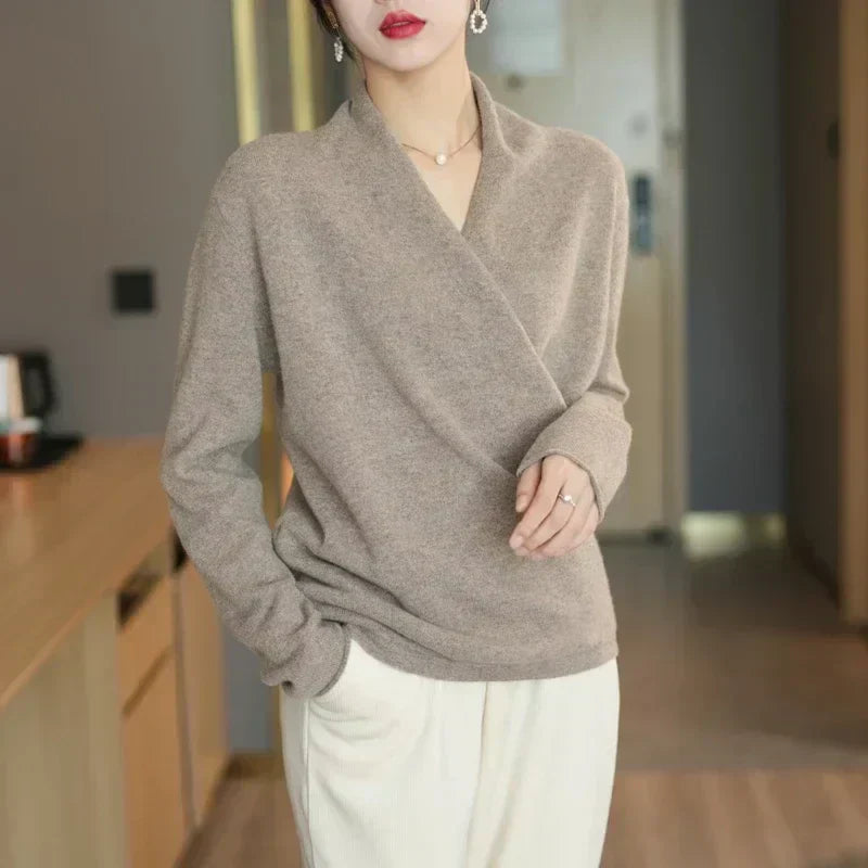 Damen Stricktop Wickelausschnitt Frühlingslook