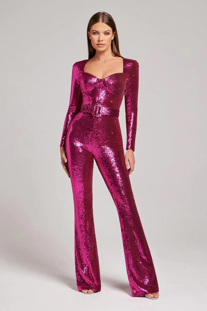 Glitzer Jumpsuit Langarm Pailletten Abendkleid
